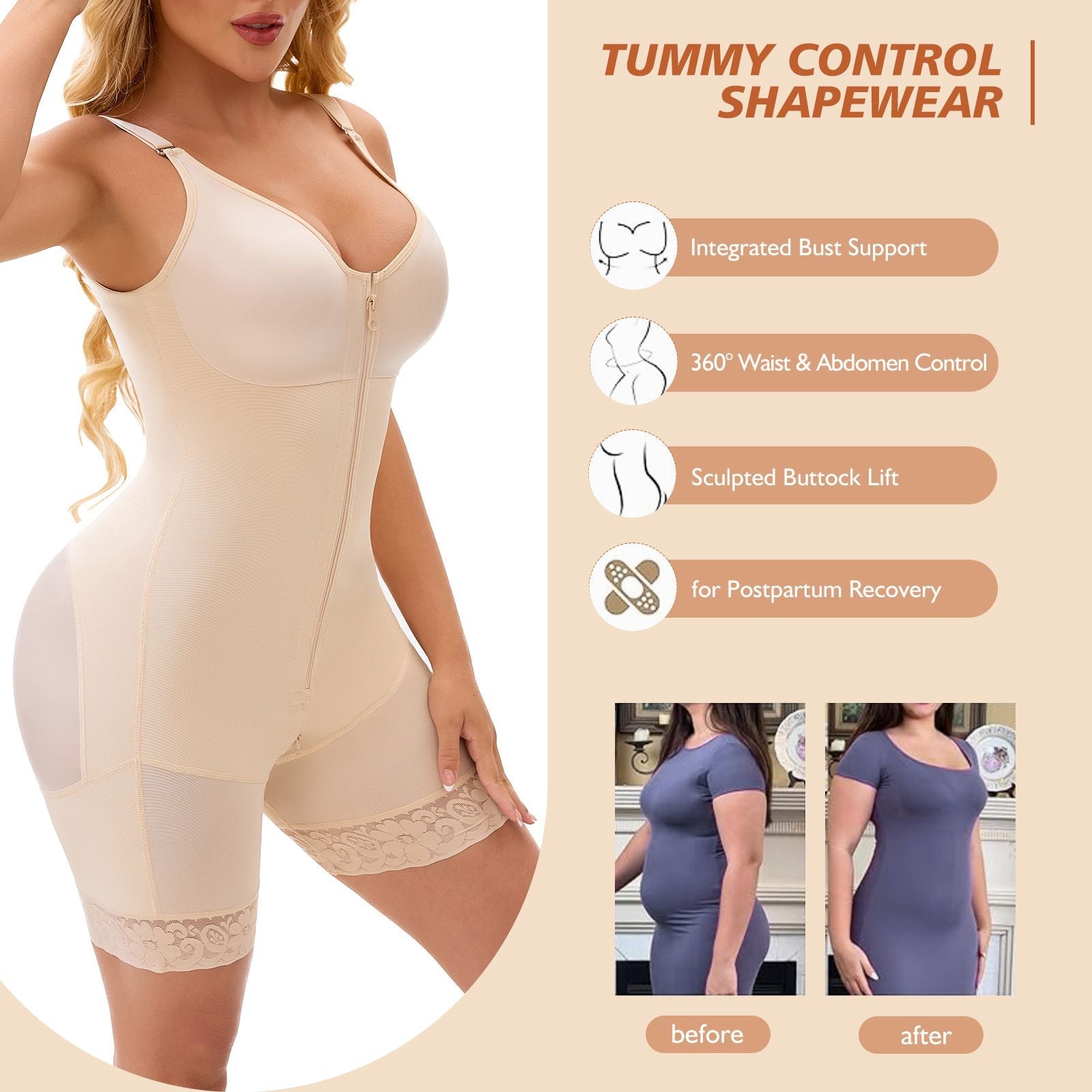 Fajas Colombianas Postpartum Full Shapewear for Women Tummy Control Body Shaper Butt Lifter with Zipper Crotch - Renee Lane Company