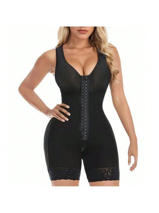 Black full body shapewear romper with front zipper and lace-trim shorts