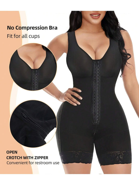 Black full body shapewear with front zipper crotch opening and lace hem