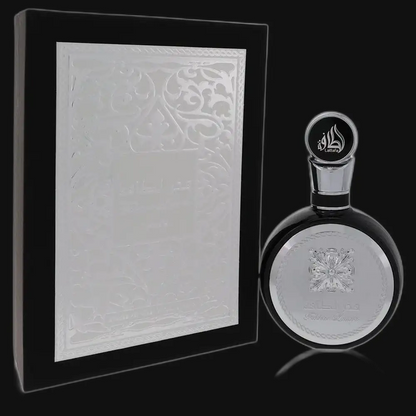 Men's cologne bottle with silver cap beside embossed white gift box