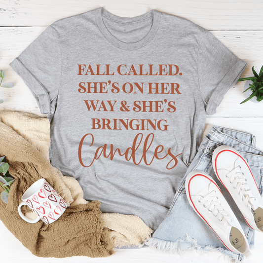 Athletic heather gray crewneck T-shirt with 'Fall Called' candle graphic in rust.