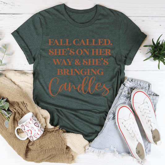 Dark green short-sleeve T-shirt with 'Fall Called' candle typography in rust.