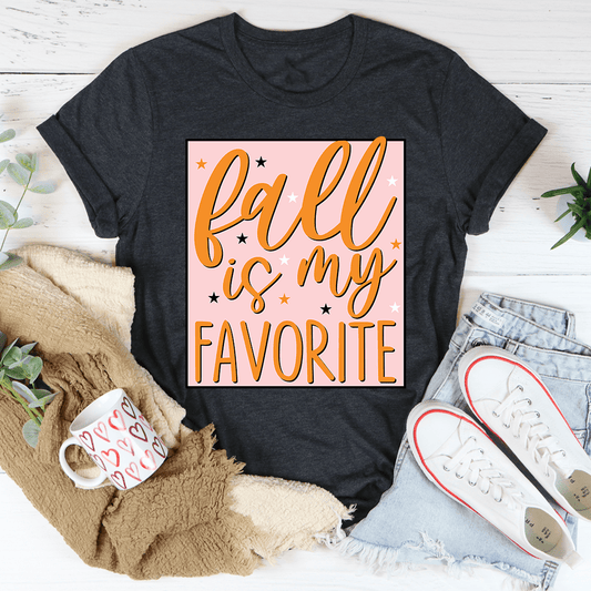 Dark heather T-shirt, front graphic: 'Fall is My Favorite' in orange and purple
