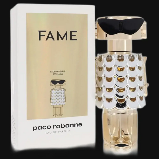 Women’s Fame eau de parfum box with Paco Rabanne label and decorative glass bottle