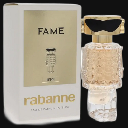 Fame Intense perfume bottle with gold cap, black top, and clear embossed glass