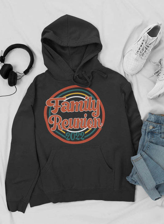 Black hoodie with circular 'Family Reunion 2022' rainbow graphic on chest