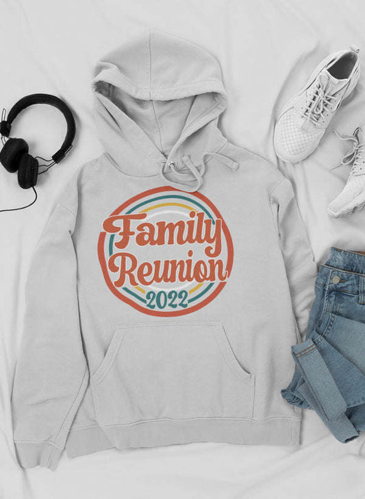 White hoodie with drawstring and kangaroo pocket; Family Reunion 2022 logo.