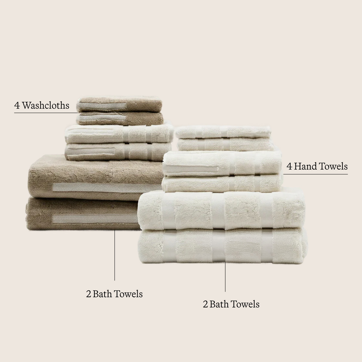 Set of ecru cotton towels: washcloths, hand towels, and bath towels stacked