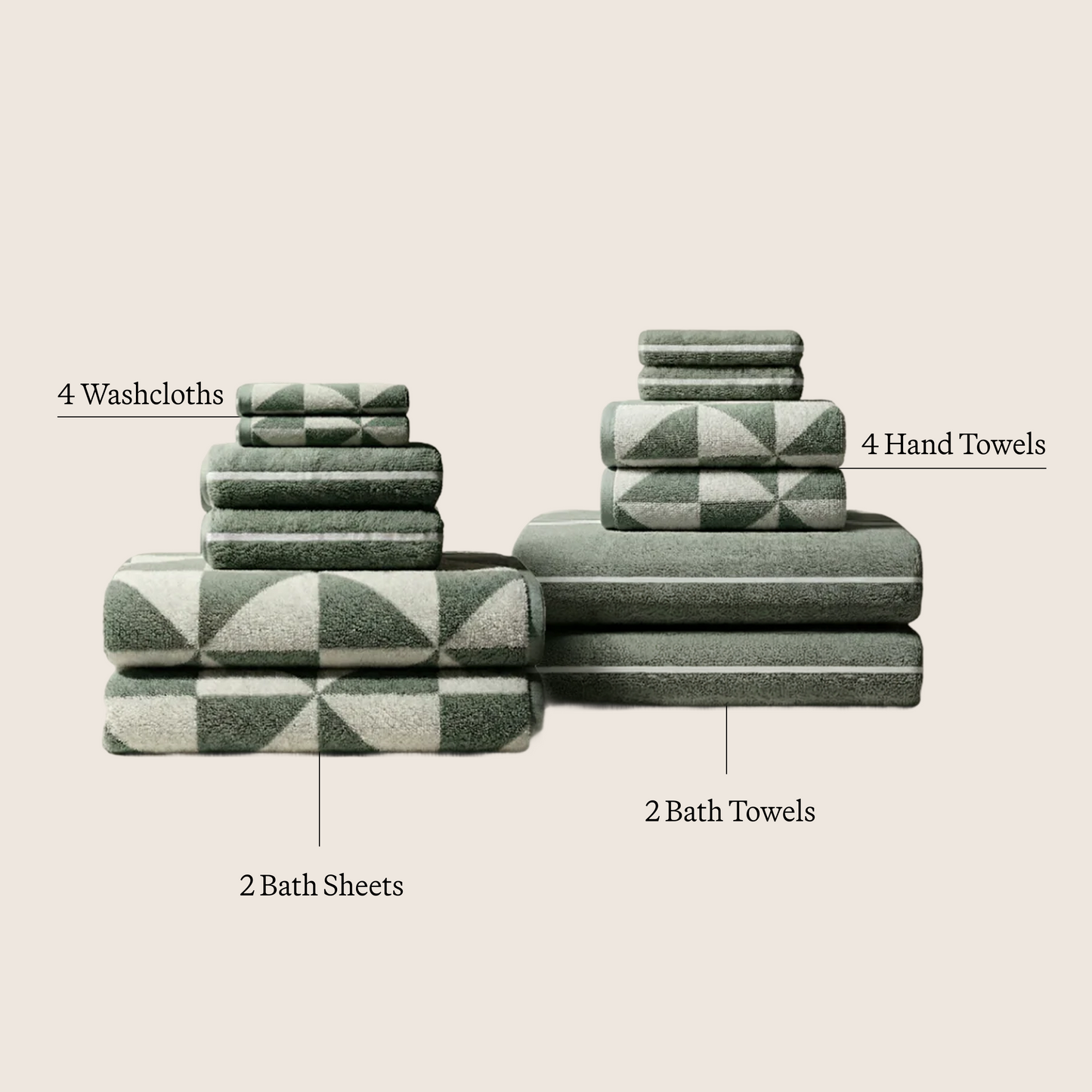 Sage & ecru towel set layout with folded stacks of washcloths, hand towels, and bath towels