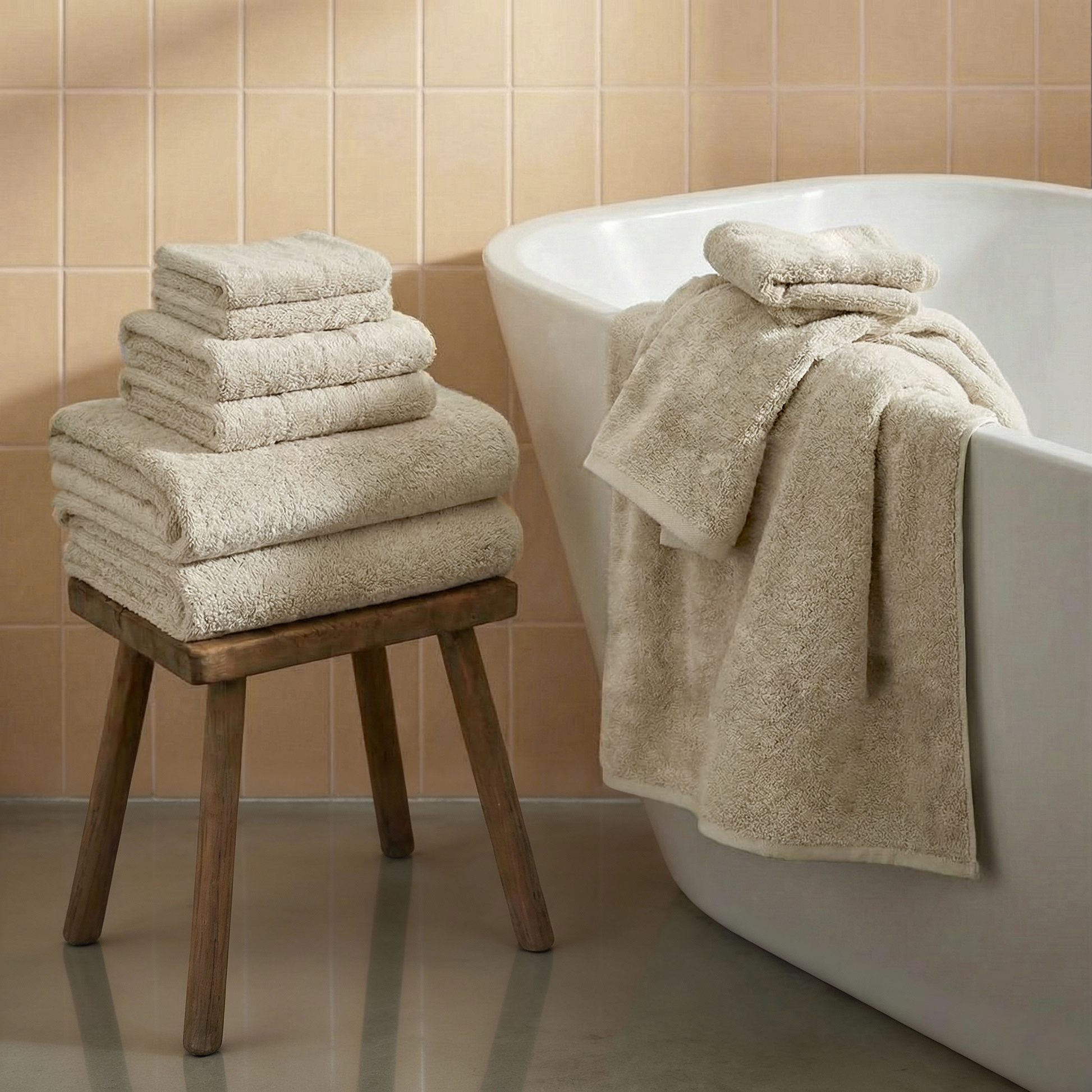 Sand-colored plush towels stacked on a stool beside a folded towel on a bathtub