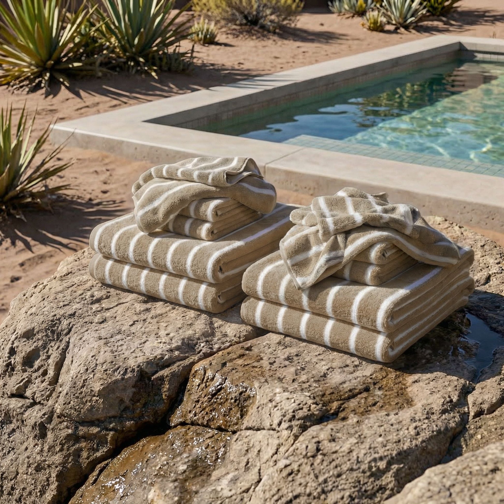Striped towels on rocks, beige and white plush cotton loops