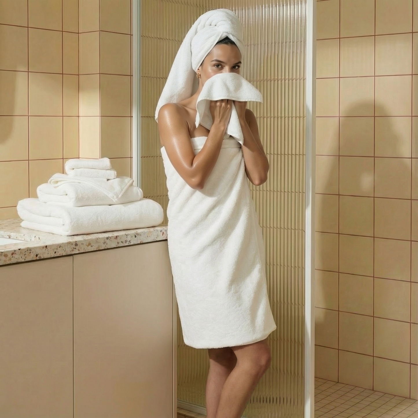 White plush bath towel on a person with a folded hand towel stack nearby