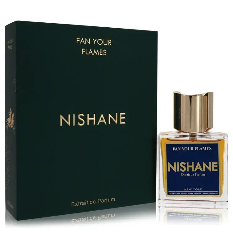 Nishane Fan Your Flames extrait de parfum bottle with gold cap and matching box