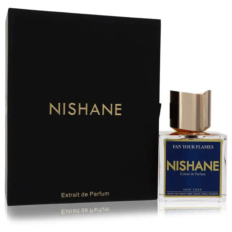 Nishane Fan Your Flames extrait de parfum bottle with gold cap and black presentation box