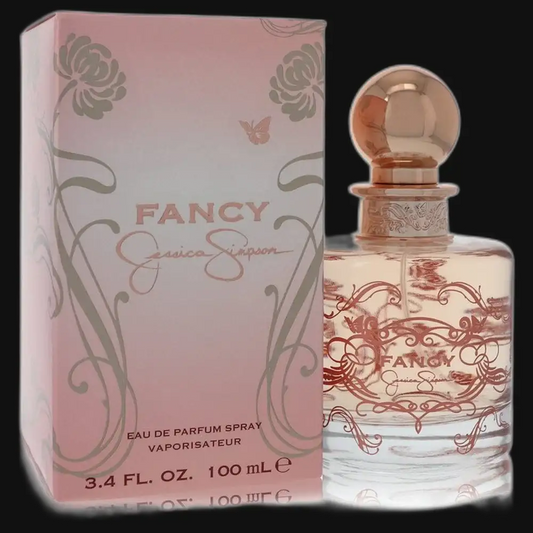Women's eau de parfum spray bottle with rose-pink cap and ornate red label, with box.