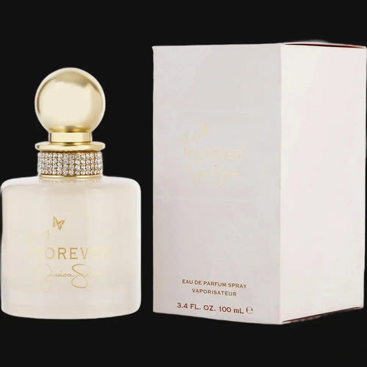 Women's eau de parfum spray bottle with gold rhinestone cap and matching box, 100 mL