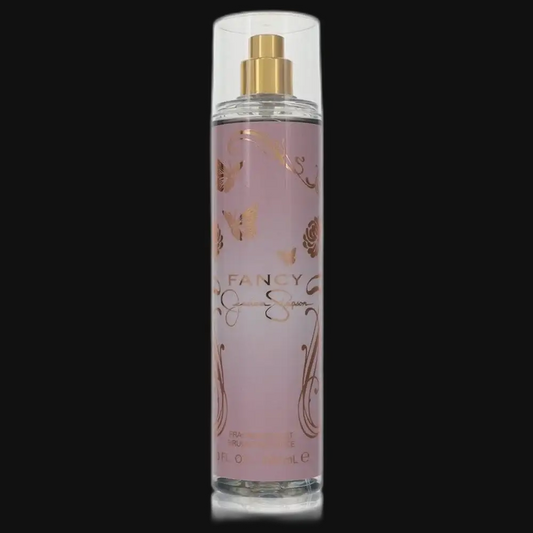 Fancy fragrance mist bottle with gold spray pump, pink glass and butterfly accents