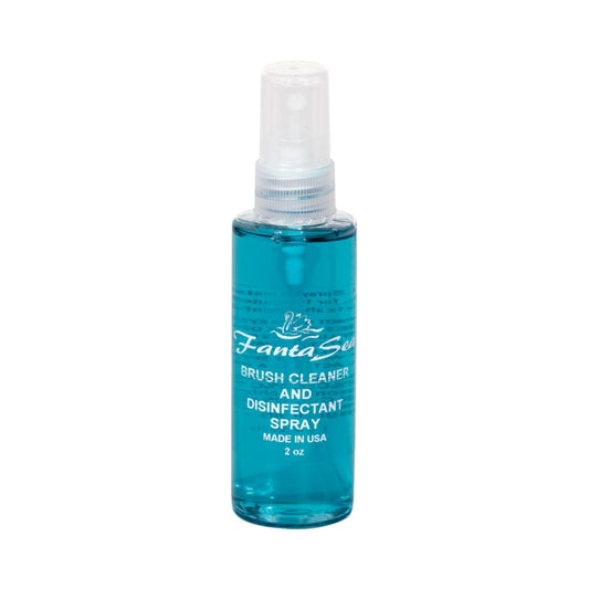 Cosmetic brush cleaner spray bottle, teal liquid with clear pump top, 2 oz
