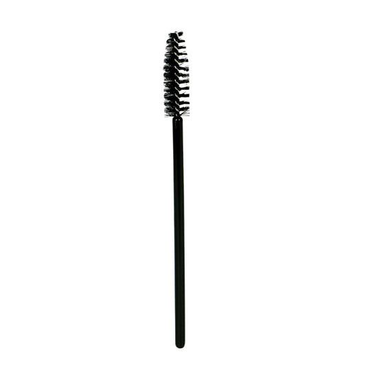 Disposable mascara brush with black bristles on a slim black handle