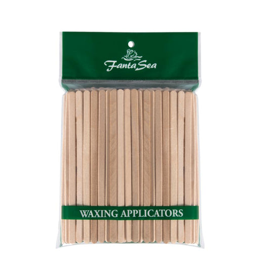 Eyebrow waxing applicators: wooden stick set in clear bag with green label