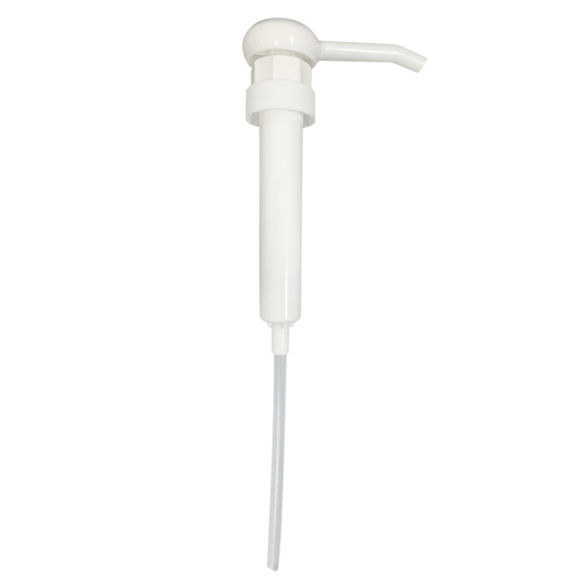 White gallon pump dispenser with long intake tube and spout