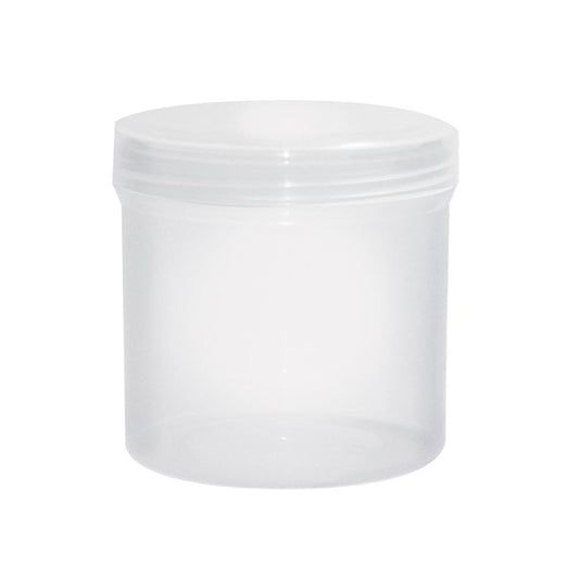 Large translucent plastic jar with white screw-on lid