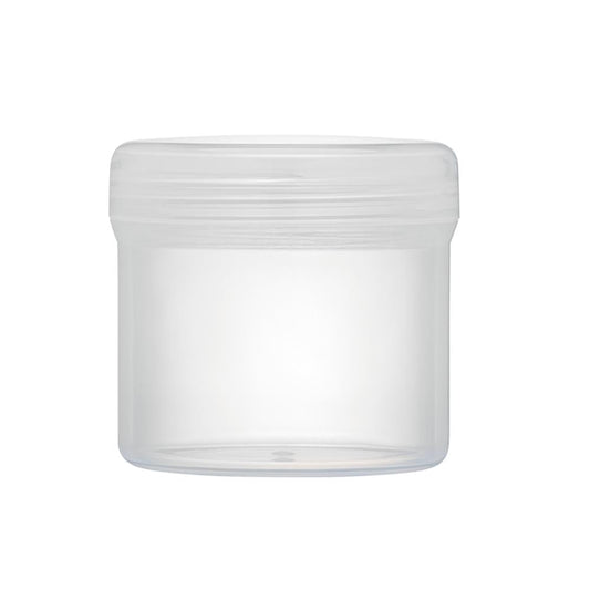 Small jar with translucent white plastic body and ridged white screw lid