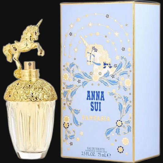 Women’s Eau de Toilette perfume with clear bottle, gold cap, and blue Fantasia box