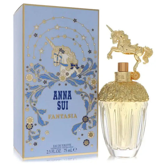 Women’s Eau de Toilette perfume with clear bottle and gold horse-shaped cap, blue Fantasia box