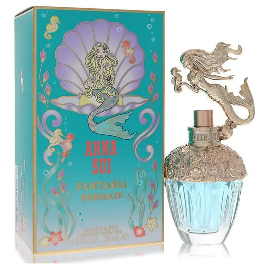 Women's perfume set: Anna Sui Fantasia Mermaid box and aqua glass bottle with dragon topper