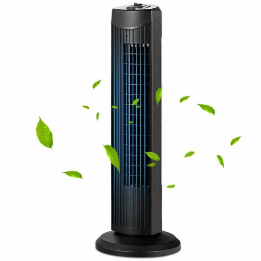 Black bladeless tower fan with visible airflow pattern directed upward from grille.