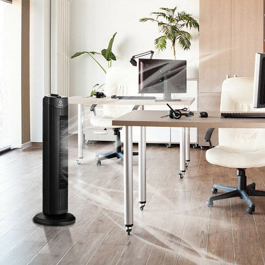 Black bladeless tower fan with vertical air slots and round base.