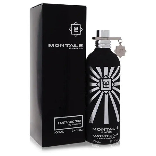 Montale Fantastic Oud eau de parfum bottle with cap, beside black presentation box