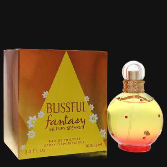Women's eau de toilette perfume: yellow globe bottle with cap and Blissful Fantasy box