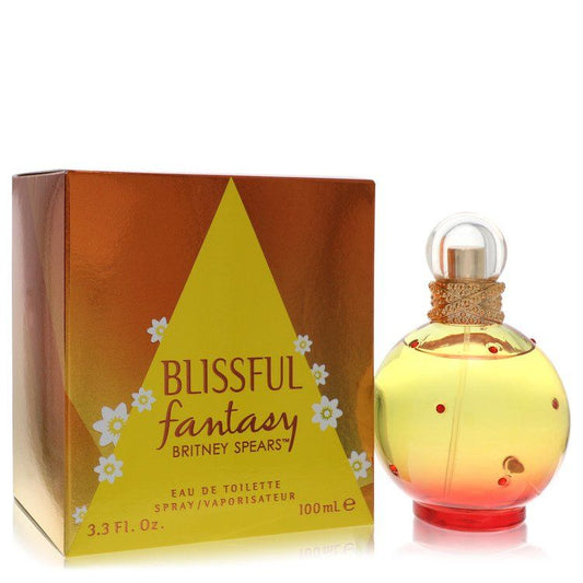 Yellow eau de toilette spray bottle with round cap and red base, with Blissful Fantasy box