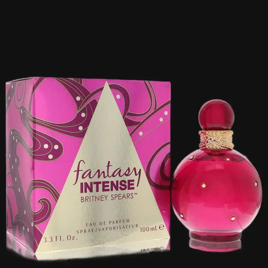 Fantasy Intense Eau de Parfum bottle with red-pink glass and jeweled cap, plus box
