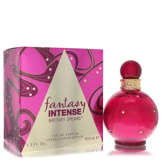 Eau de Parfum set: red-pink round bottle with jewel cap and Fantasy Intense box