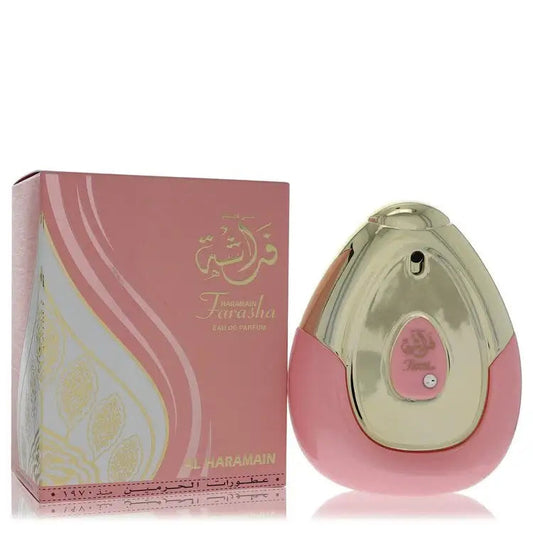 Women's perfume: pink teardrop bottle with gold cap, shown with boxed label