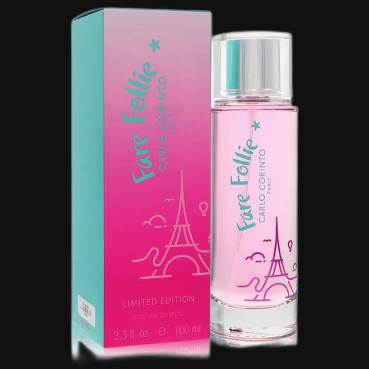 Fare Follie women's perfume set, pink bottle with silver cap and matching box, 100 ml.