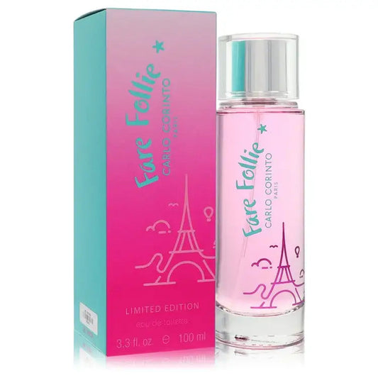Fare Follie women's perfume, pink bottle with silver cap and pink-teal box, 100 ml.
