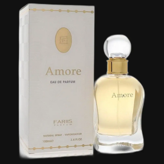 Women's eau de parfum bottle with gold cap and matching Amore box