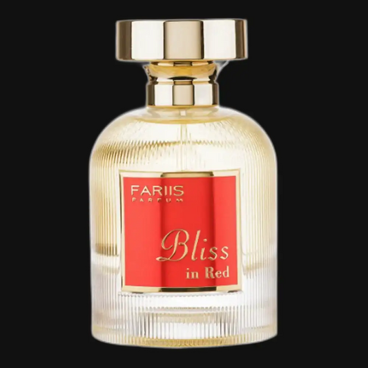 Fariis Bliss in Red eau de parfum bottle with gold cap and red label