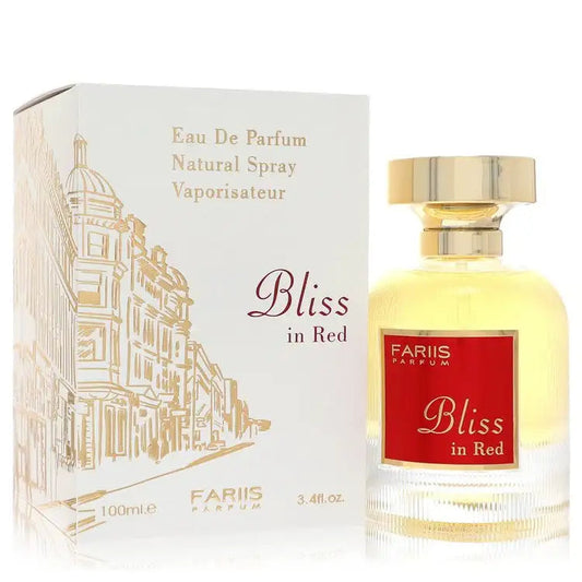 Eau de parfum set with box and Bliss in Red bottle, gold cap, red label