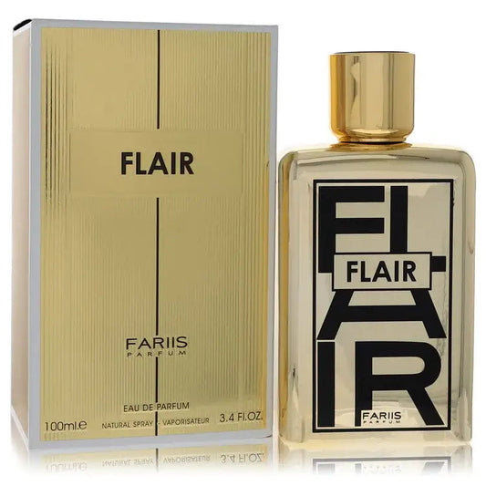 Fariis Flair women's eau de parfum, bottle with gold cap beside product box
