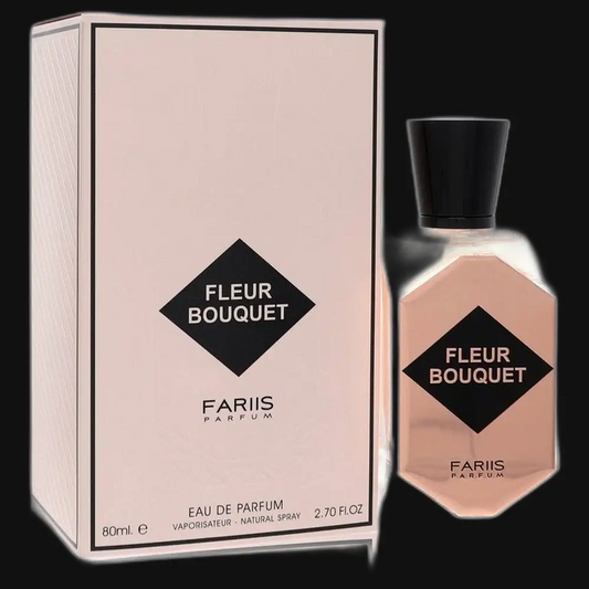 Women's eau de parfum bottle and box, Fleur Bouquet label, black cap