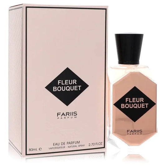 Women's eau de parfum bottle and box, Fleur Bouquet label, clear glass