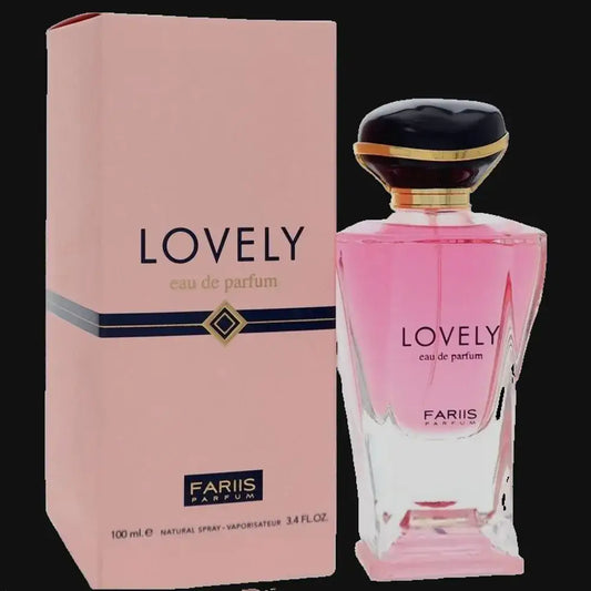 Women’s eau de parfum perfume bottle, pink glass with dark cap; Lovely box included