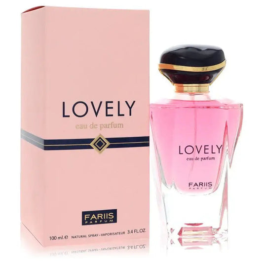 Women’s eau de parfum perfume bottle with pink liquid and dark cap beside Lovely box