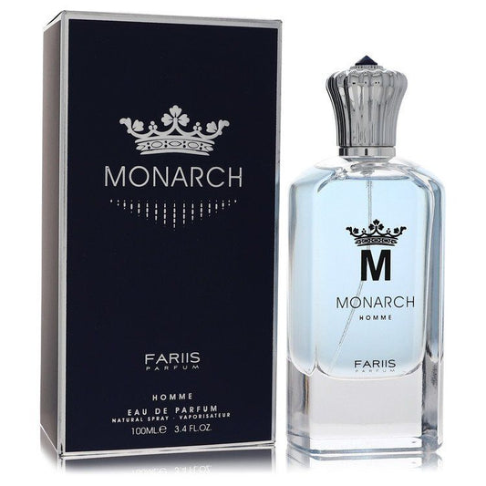 Fariis Monarch men eau de parfum spray bottle, clear glass and silver cap, with box