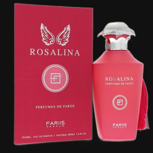 Rosalina unisex perfume bottle and box by Fariis, pink bottle with tassel